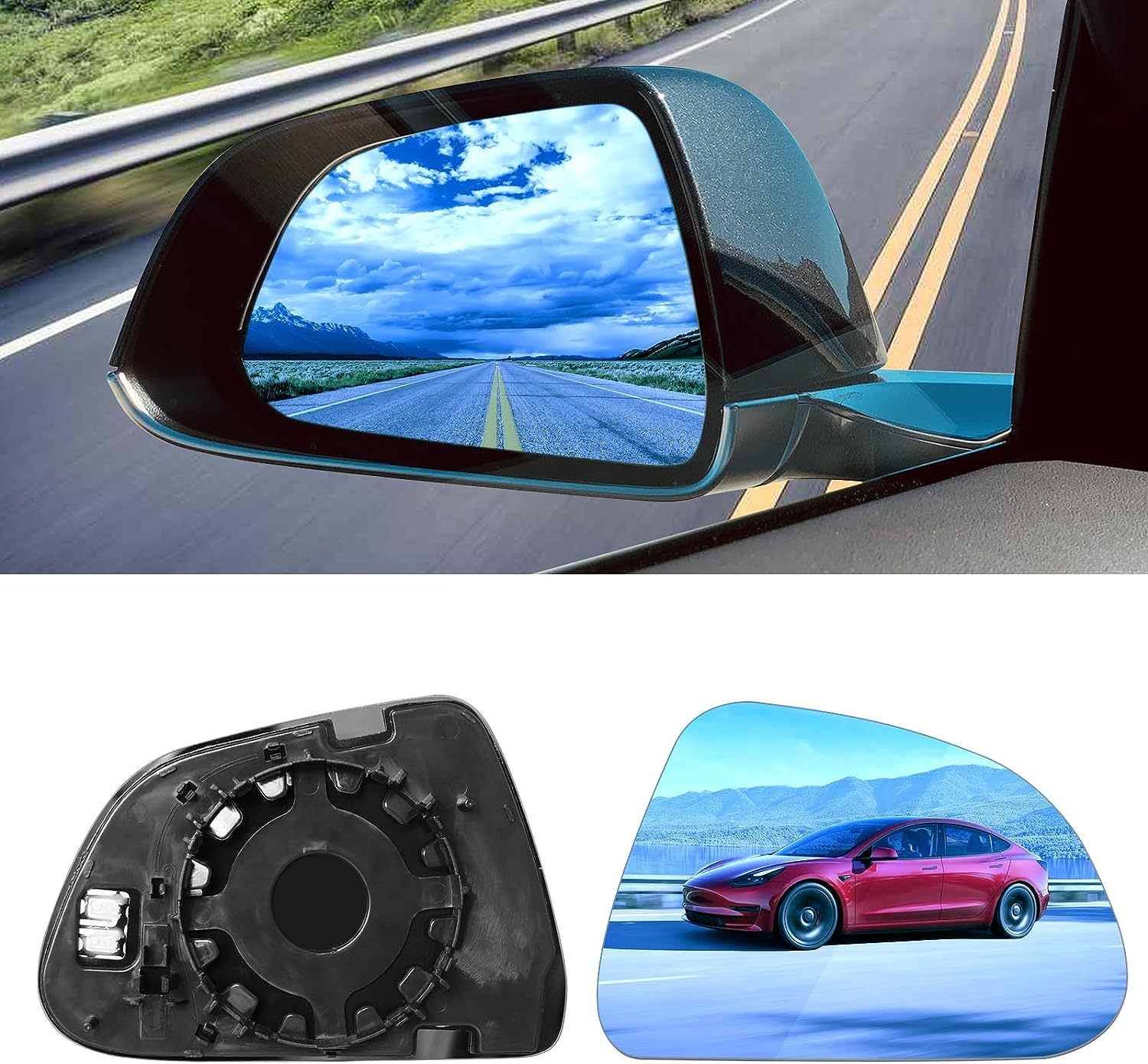 YDSSTORE Compatible with Tesla Model 3 Side Mirror Glass Replacement 2PCS. Heated Defogging Anti Glare Model 3 Rear View Mirror. Blue Mirror Glass Lens for Model 3 2017-2023 (Driver Side+Passenger Side)-autoydsstore