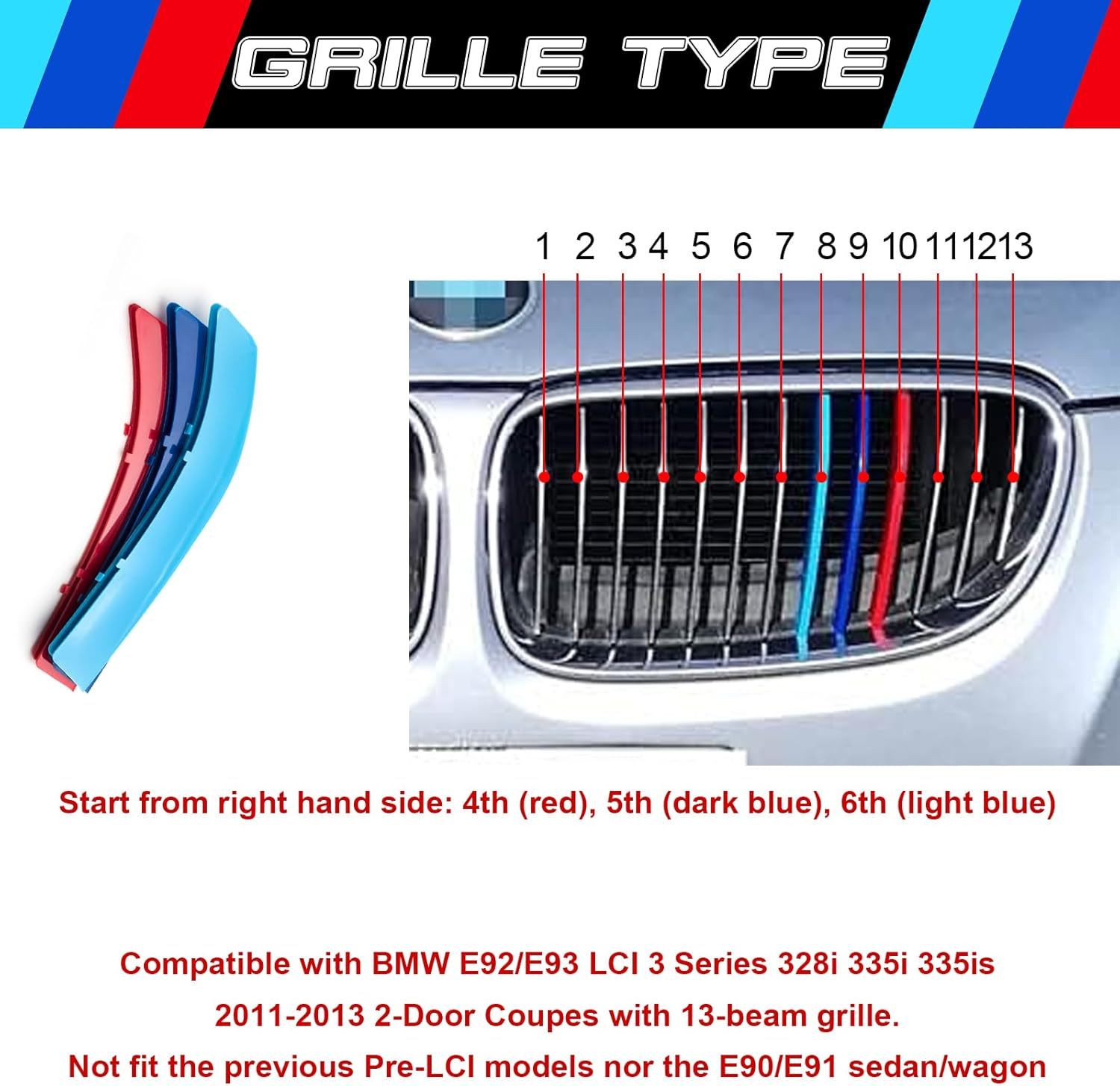 YDSSTORE M-Colored Tri Grille Insert Trim Strips for BMW 3 Series E92 E93 LCI (2011-2013) | Compatible with 13-Beam Front Kidney Grilles | Easy Clip-on Installation-autoydsstore
