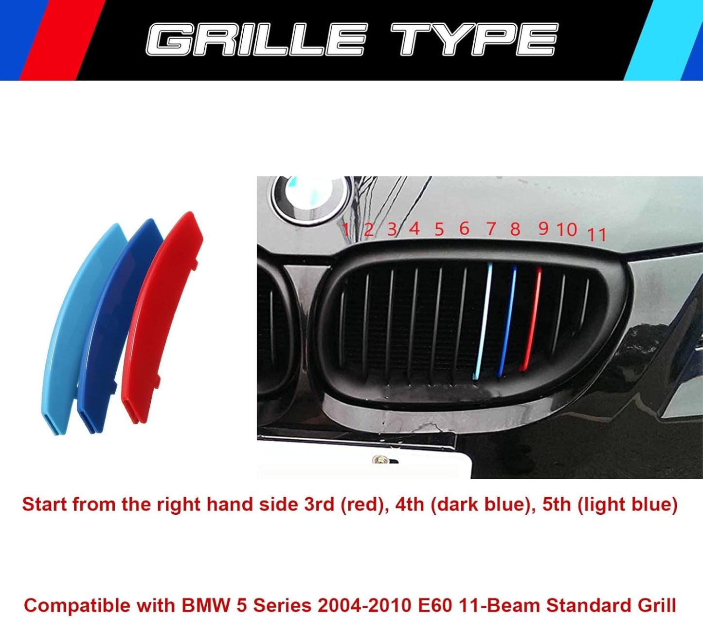 YDSSTORE M-Colored Tri Grille Insert Trim Strips for BMW 5 Series E60 (2004-2010) | Compatible with 11-Beam Standard Grille | Easy Clip-on Installation-autoydsstore