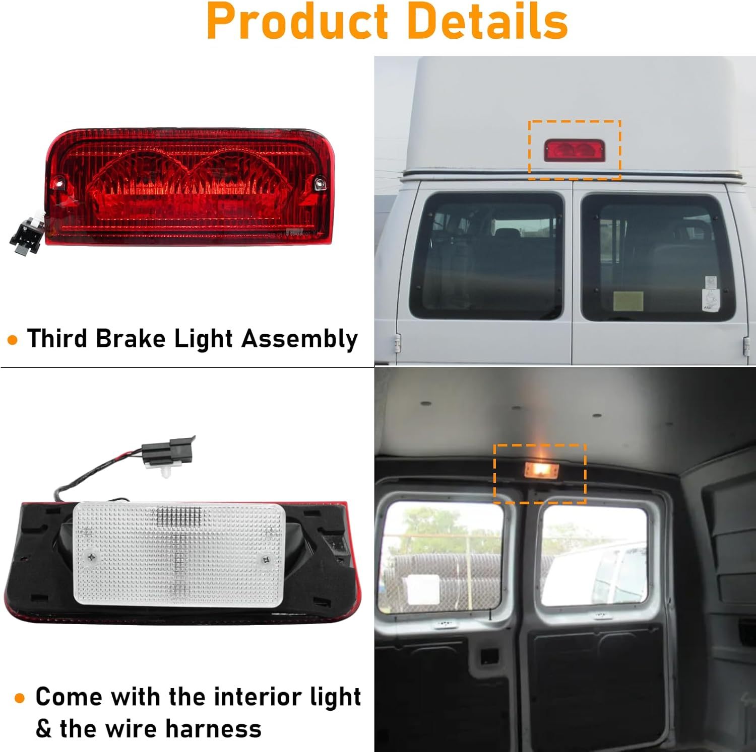Ford E150-E450 Econoline 2007-2014 3rd Brake Light w/Indoor Lamp & Molded Headliner| YDSSTORE