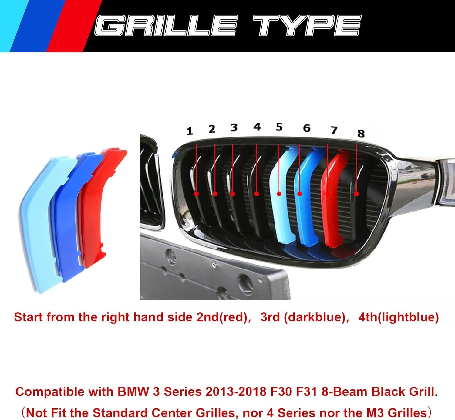 YDSSTORE M-Colored Tri Grille Insert Trim Strips for BMW 3 Series F30 & F31 (2013-2018) | Compatible with 8-Beam Black Grilles | Easy Clip-on Installation-autoydsstore
