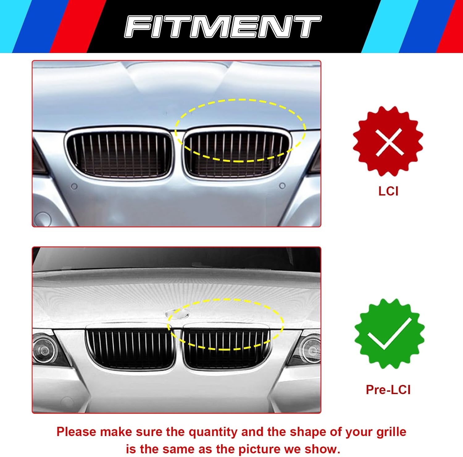 YDSSTORE M-Colored Tri Grille Insert Trim Strips for BMW 3 Series E90 & E91 Pre-LCI (2006-2008) | Compatible with 12-Beam Grills | Easy Clip-on Installation-autoydsstore