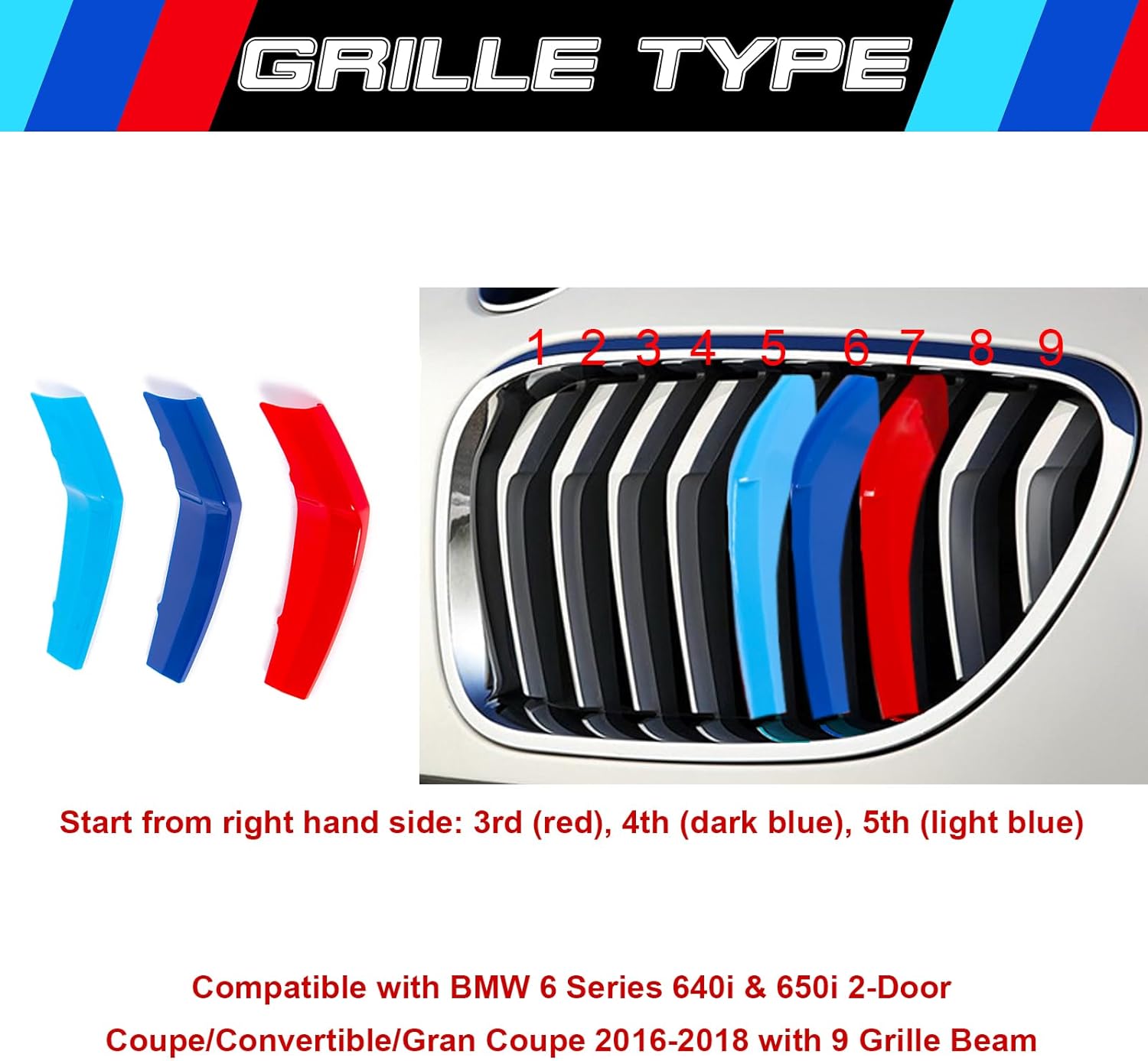 YDSSTORE M-Colored Tri Grille Insert Trim Strips for BMW 6 Series F12 F13 (2016-2018) | Compatible with 9-Beam Front Kidney Grilles for 640i 650i Coupe/Convertible/Gran Coupe-autoydsstore
