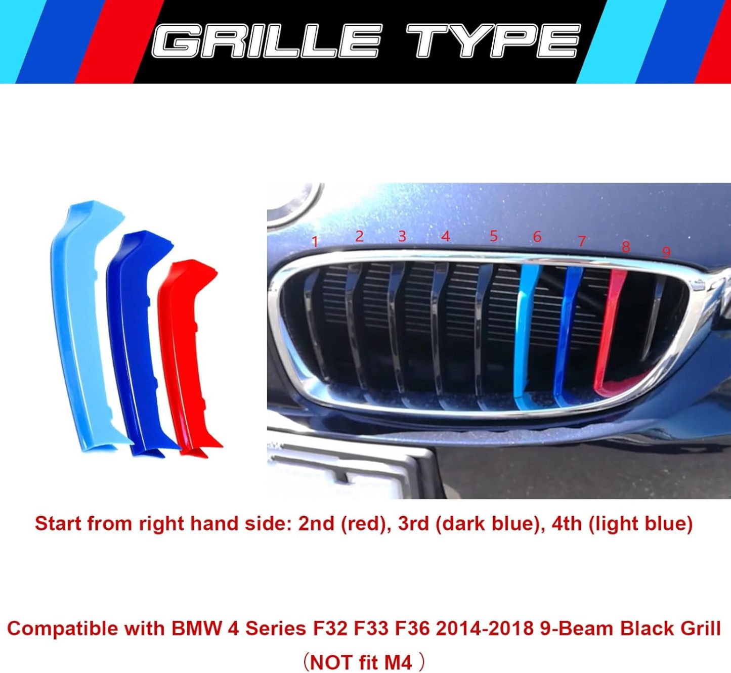 YDSSTORE M-Colored Tri Grille Insert Trim Strips for BMW 4 Series F32 F33 F36 (2014-2018) | Compatible with 9-Beam Black Curved Grilles | Easy Clip-on Installation-autoydsstore