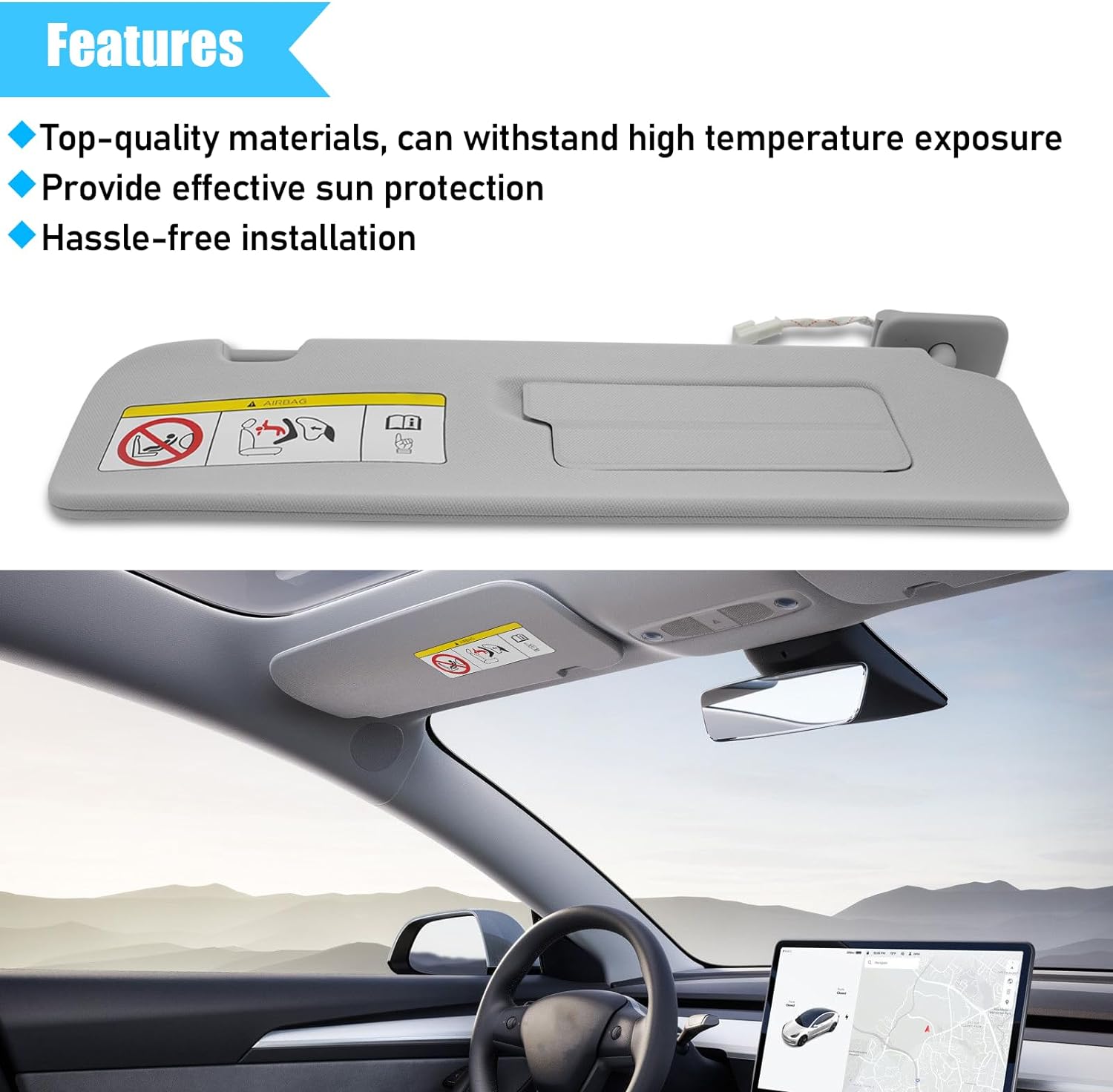 YDSSTORE Compatible with Tesla Model 3/Y Sun Visor 2017-2023. 1490406-01-B. Passenger Side Sunvisor Replacement with Vanity Mirror. Grey Sunroof Sun Visor for Tesla Model 3 Model Y 2017-2023 (Right)-autoydsstore
