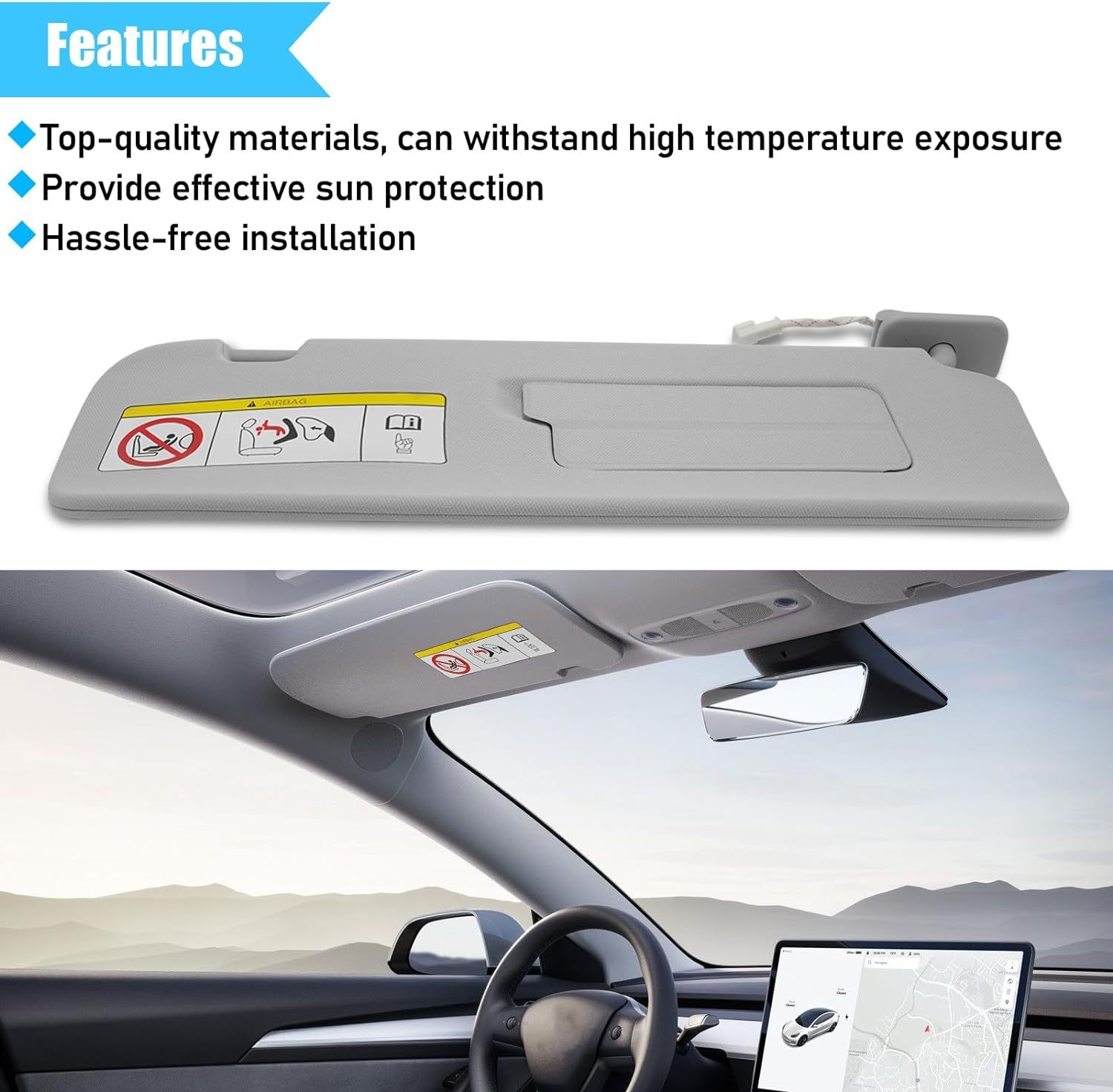 YDSSTORE Compatible with Tesla Model 3/Y Sun Visor 2017-2023. 1490406-01-B. Passenger Side Sunvisor Replacement with Vanity Mirror. Grey Sunroof Sun Visor for Tesla Model 3 Model Y 2017-2023 (Right)-autoydsstore