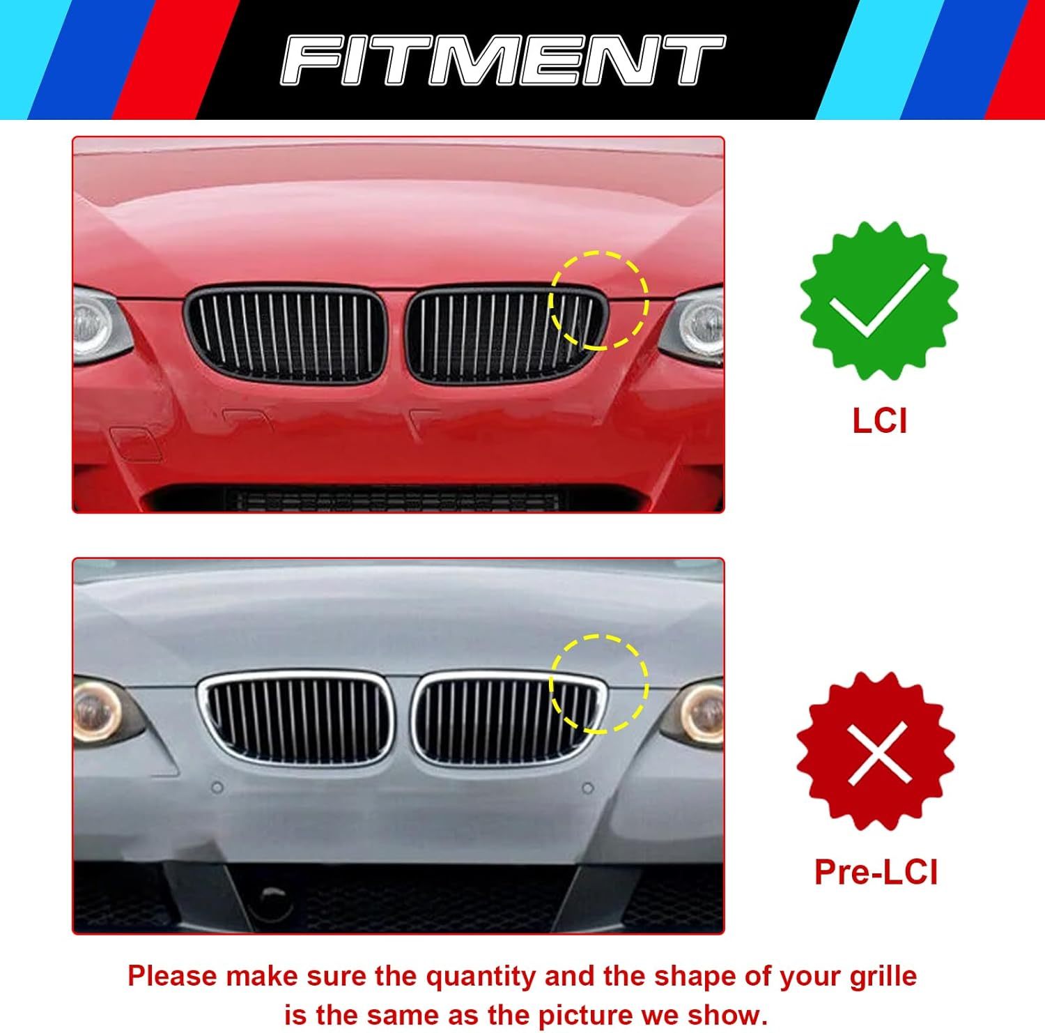 YDSSTORE M-Colored Tri Grille Insert Trim Strips for BMW 3 Series E92 E93 LCI (2011-2013) | Compatible with 13-Beam Front Kidney Grilles | Easy Clip-on Installation-autoydsstore