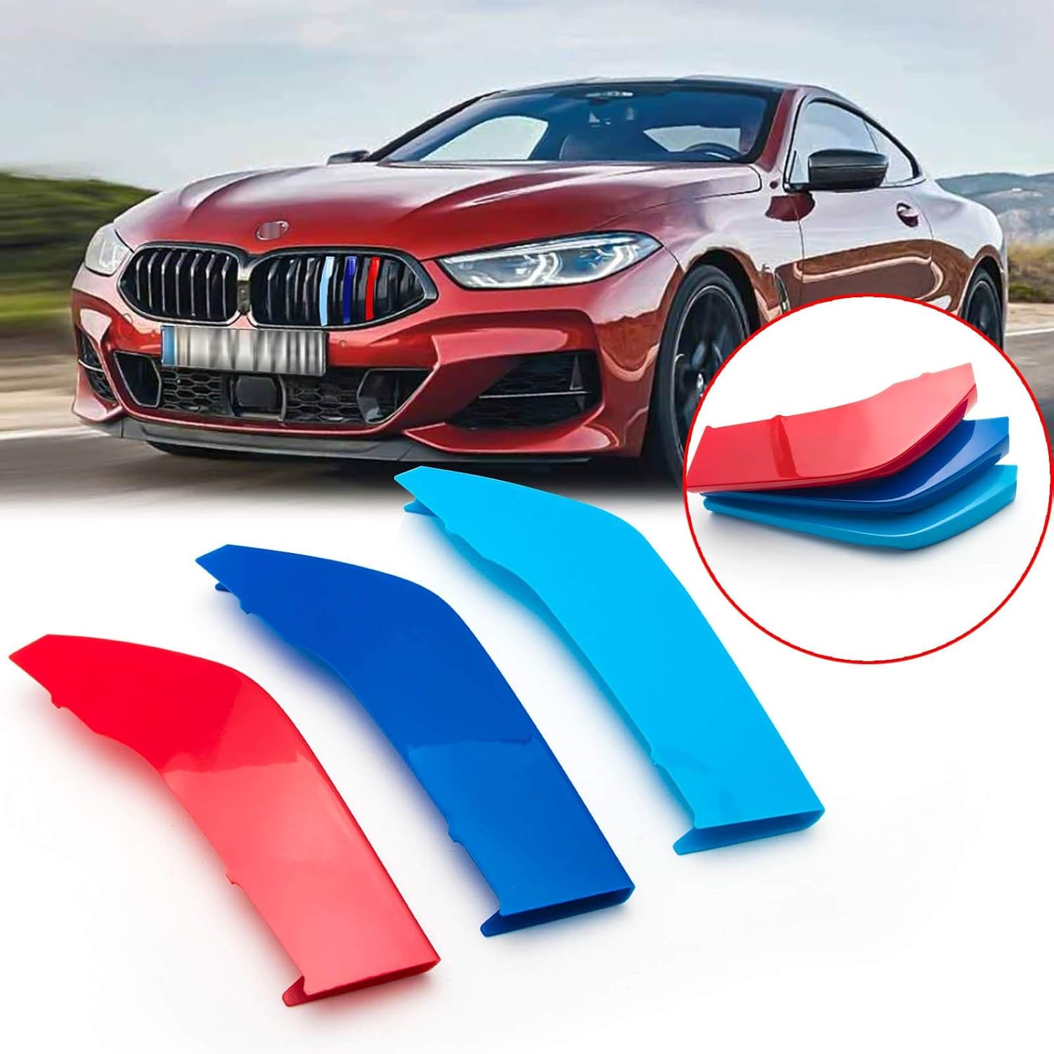 YDSSTORE M-Colored Tri Grille Insert Trim Strips for BMW G15 8 Series (2019-up) | Compatible with 7-Beam Front Kidney Grilles for 840i. 850i. M850i-autoydsstore