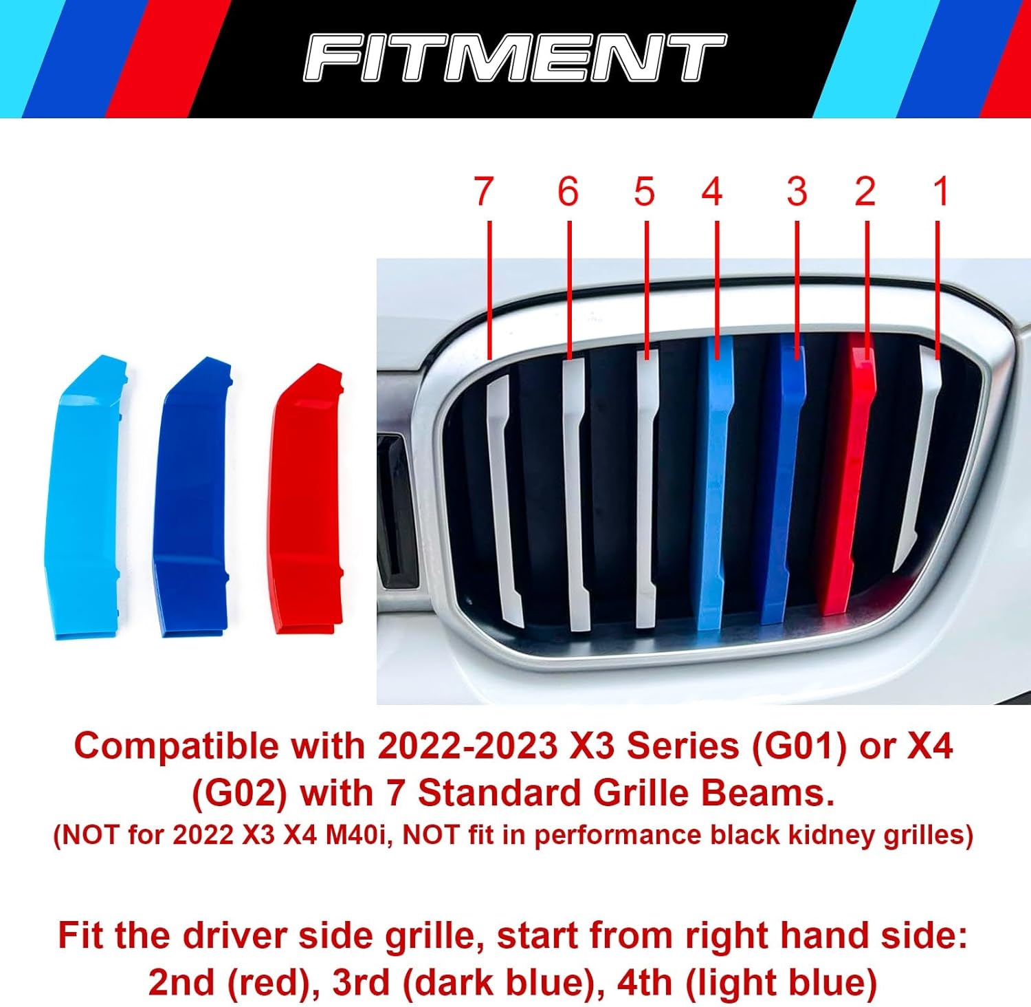 YDSSTORE  M-Colored Tri-Grille Insert Trim Strips for BMW X3 G01 & X4 G02 (2022-2023) | 7-Beam Front Center Kidney Grilles | Easy Clip-on Installation. Not for M40i Models-autoydsstore