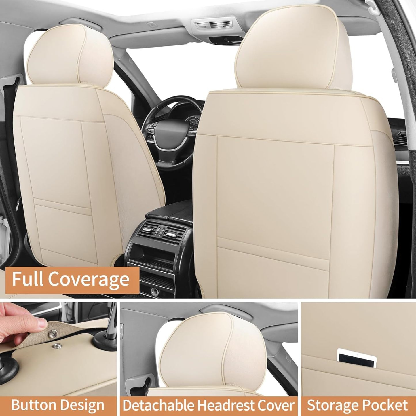 YDSSTORE Leather Car Seat Covers Full Set Breathable Automotive Seat Covers Waterproof Seat Protectors Universal Fit for Most Automotive Cars SUV Trucks(Beige. Full Set)