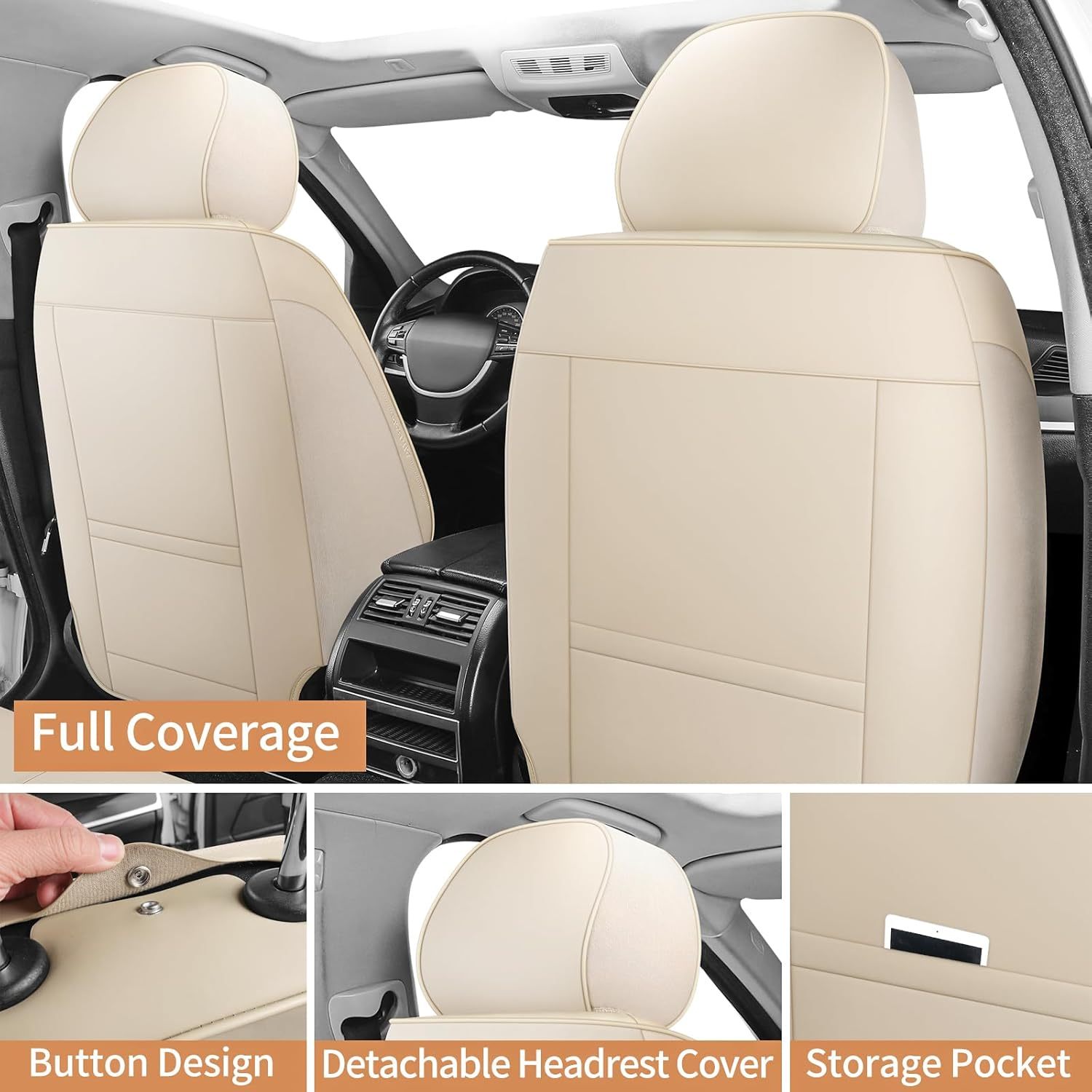 YDSSTORE Leather Car Seat Covers Full Set Breathable Automotive Seat Covers Waterproof Seat Protectors Universal Fit for Most Automotive Cars SUV Trucks(Beige. Full Set)
