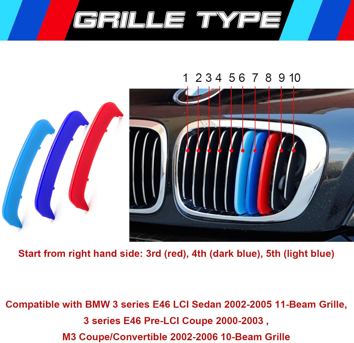 YDSSTORE M Sporty Grille Insert Trim Clips for BMW 3 Series E46 (2000-2005) | Compatible with 10 & 11-Beam Front Kidney Grilles | Easy Clip-on Installation-autoydsstore