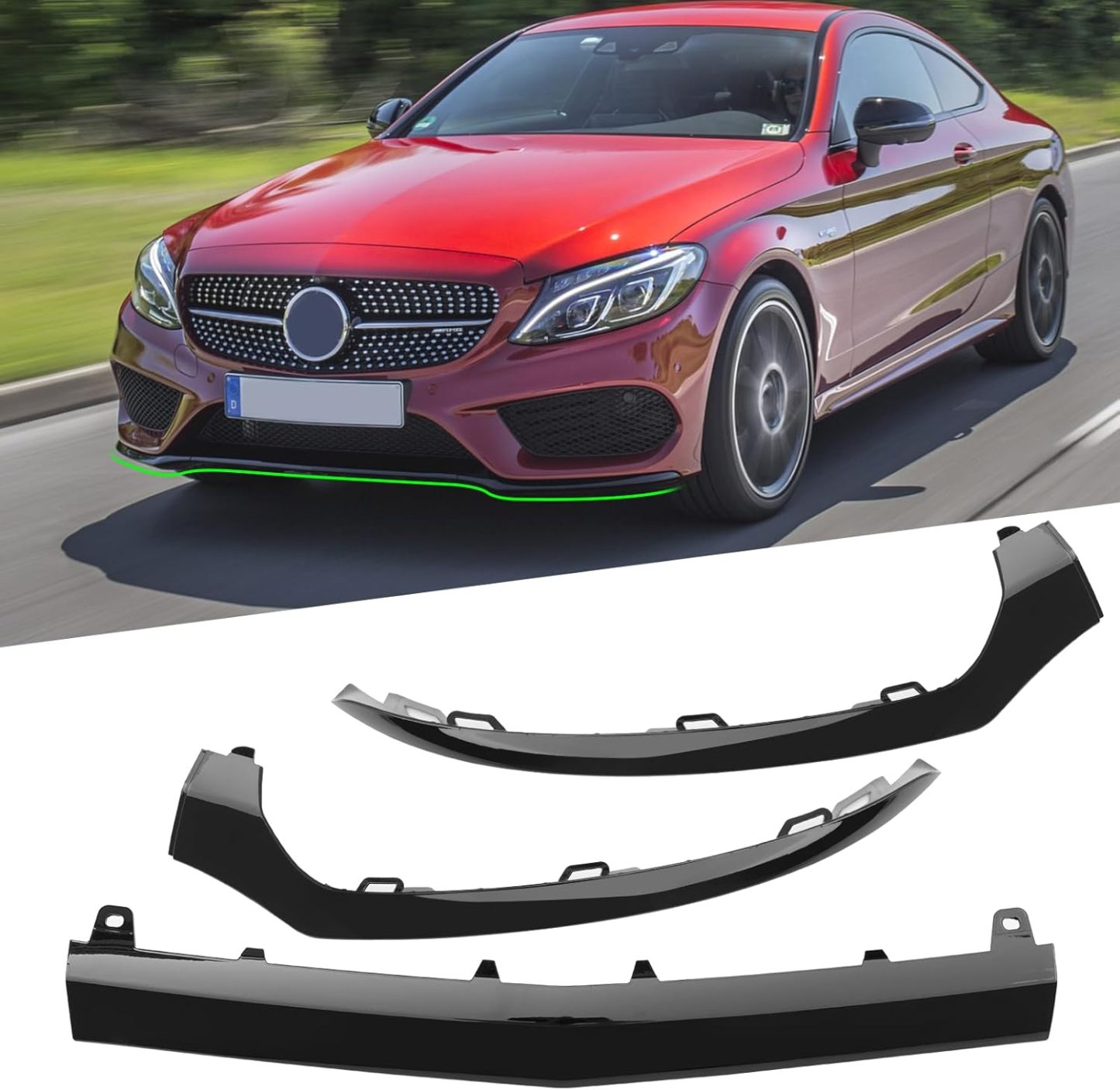 For Mercedes-Benz W205 Front Bumper Trim Molding 2015-2018. 3PCS Glossy Black Bumper Lower Trim Replacement for Mercedes W205 C300 C400 C350 C63 with AMG-LINE Sport Model-autoydsstore
