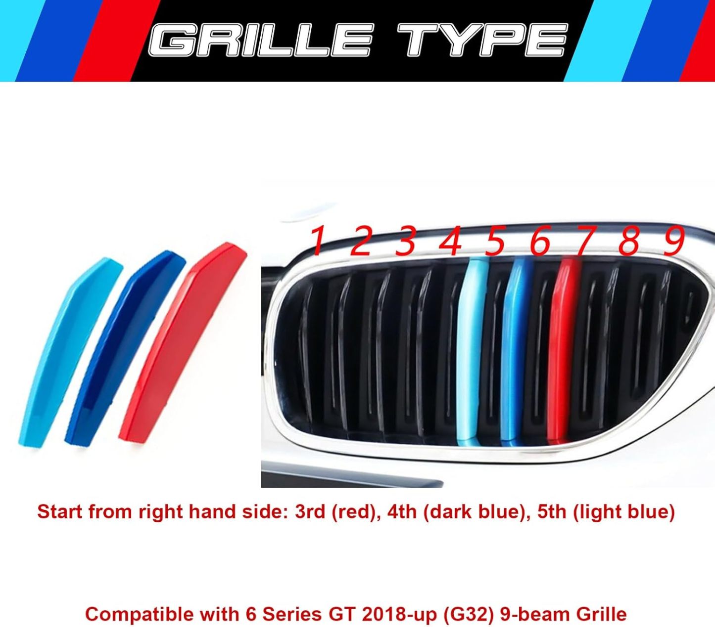 YDSSTORE M-Colored Tri Grille Insert Trim Strips for BMW 6 Series GT G32 (2018-2020) | Compatible with 9-Beam Front Kidney Grilles-autoydsstore