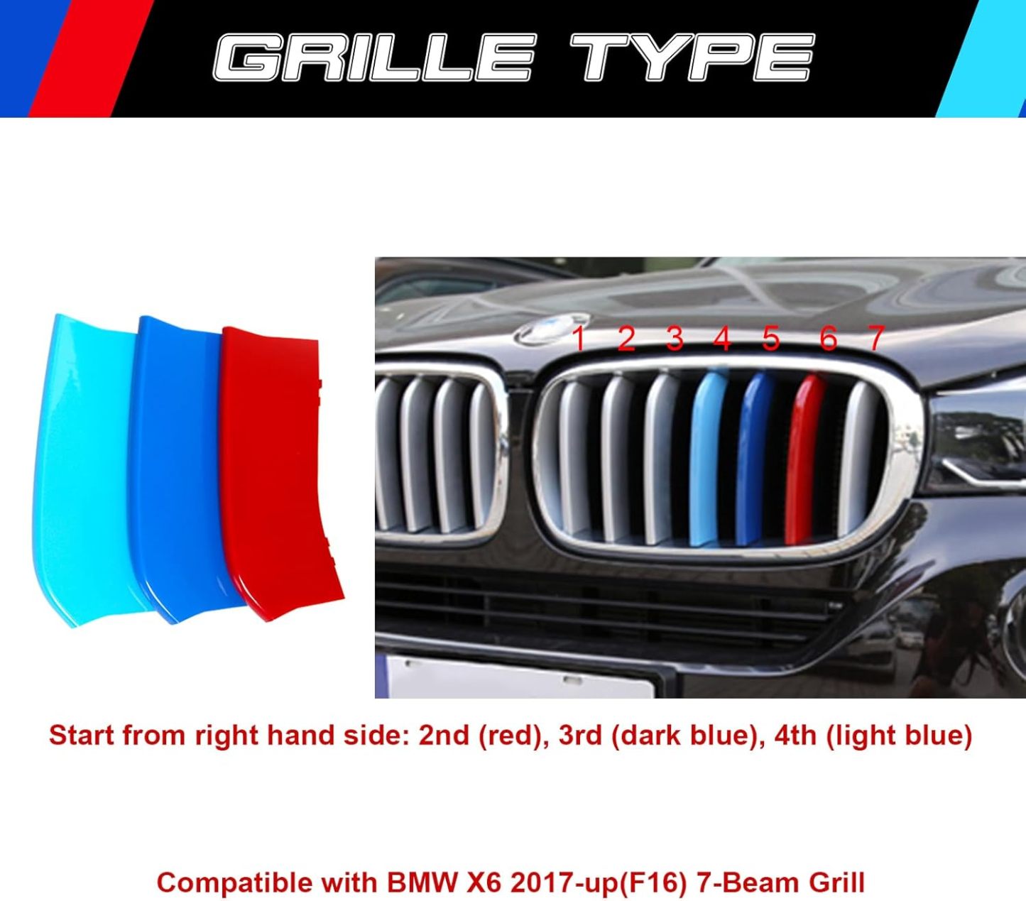 YDSSTORE  M-Colored Tri Grille Insert Trim Strips for BMW X6 F16 (2017+) | Compatible with 7-Beam Front Grilles | Easy Clip-on Installation-autoydsstore