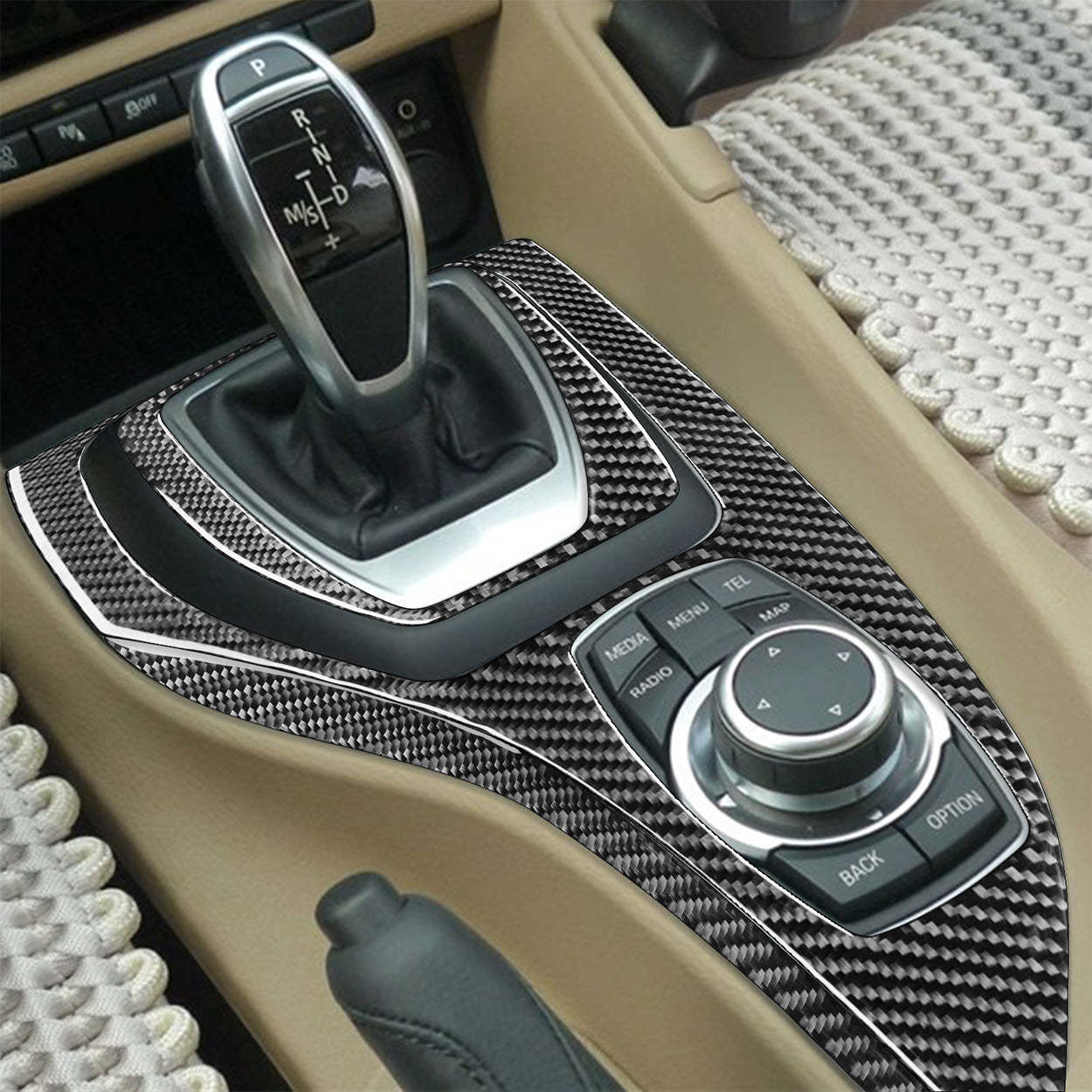 YDSSTORE Carbon Fiber  Center Console Shift Panel Gear Transmission Cover Decoration Sticker Set (3pcs) | Premium Interior Trim for BMW X1 E84 (2013-2015)-autoydsstore