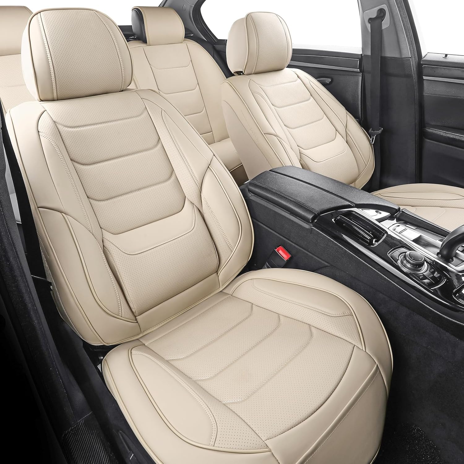 YDSSTORE Leather Car Seat Covers Full Set Breathable Automotive Seat Covers Waterproof Seat Protectors Universal Fit for Most Automotive Cars SUV Trucks(Beige. Full Set)