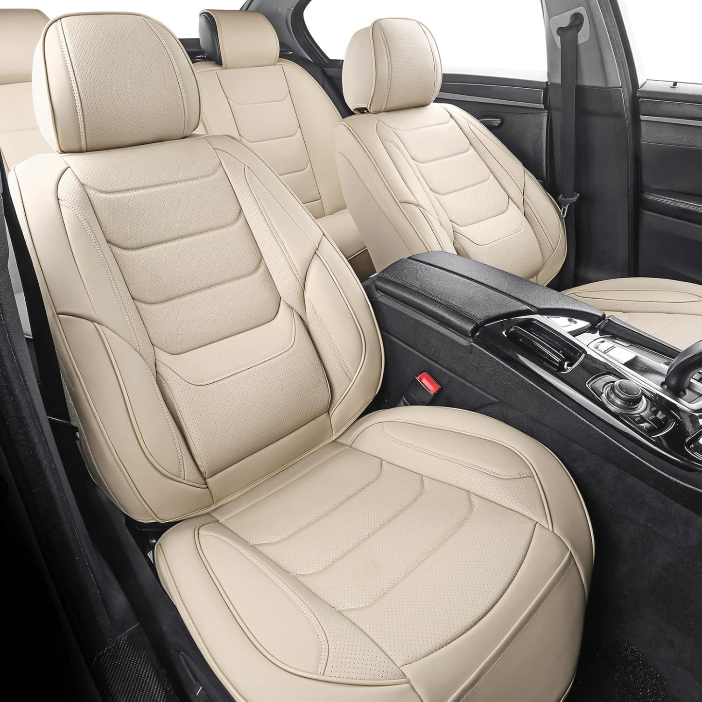 YDSSTORE Leather Car Seat Covers Full Set Breathable Automotive Seat Covers Waterproof Seat Protectors Universal Fit for Most Automotive Cars SUV Trucks(Beige. Full Set)