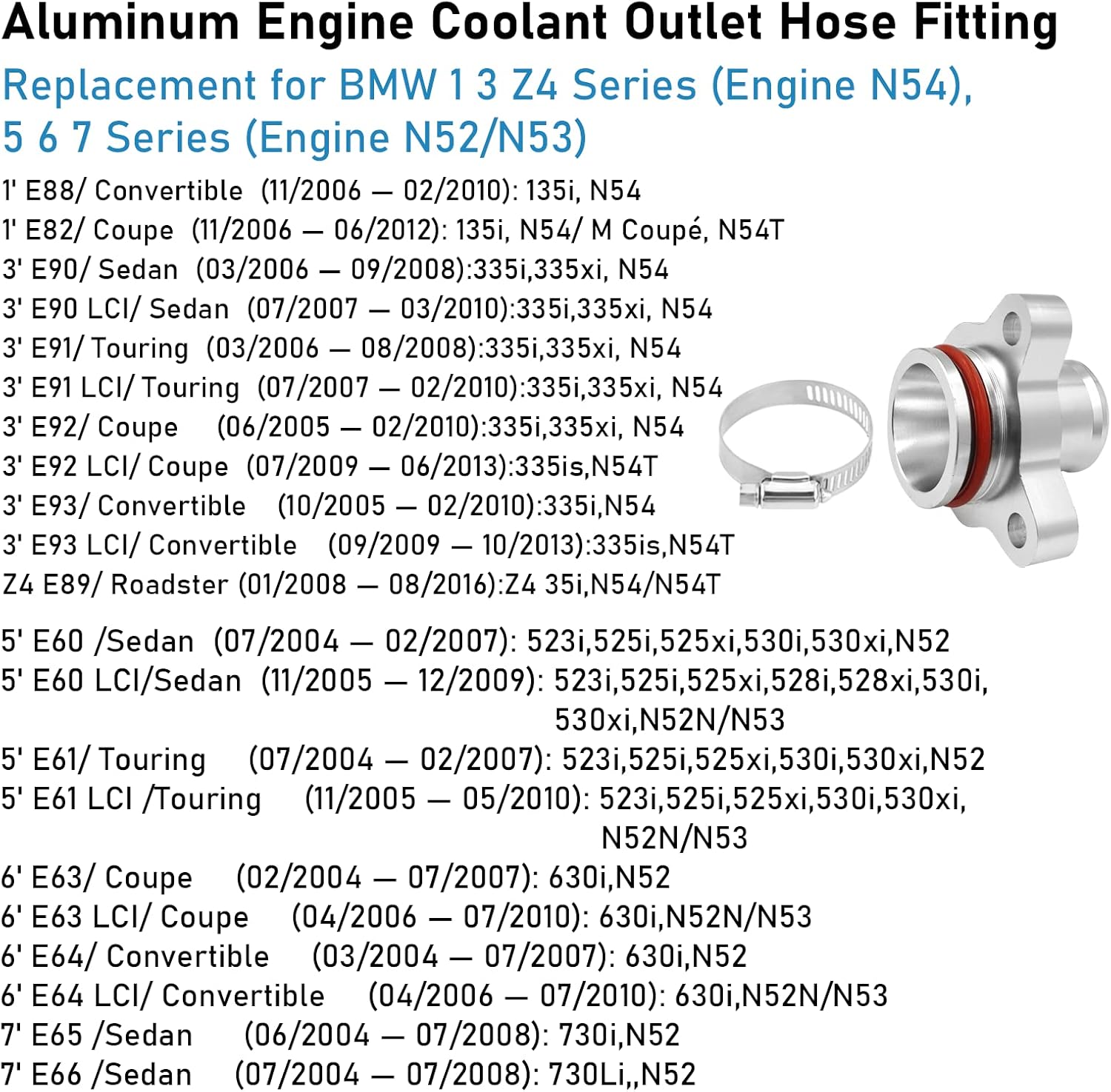 YDSSTORE Aluminum Water Hose Fitting Replacement for BMW E82 E88 E90 E91 E92 E93 E60 E61 E63 E64 E65 E66 F07 F10 F11 F12 F13 N52 N53 N54 N51 Engines Replace 11537541992 11537544638-autoydsstore