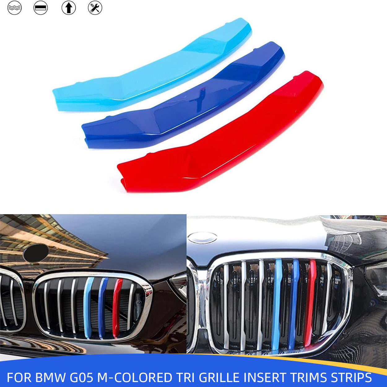 YDSSTORE  M-Colored Tri Grille Insert Trim Strips for BMW X5 G05 (2019+) | Compatible with 7-Beam Front Kidney Grilles W/O Night Vision Camera Option | Easy Clip-on Installation-autoydsstore