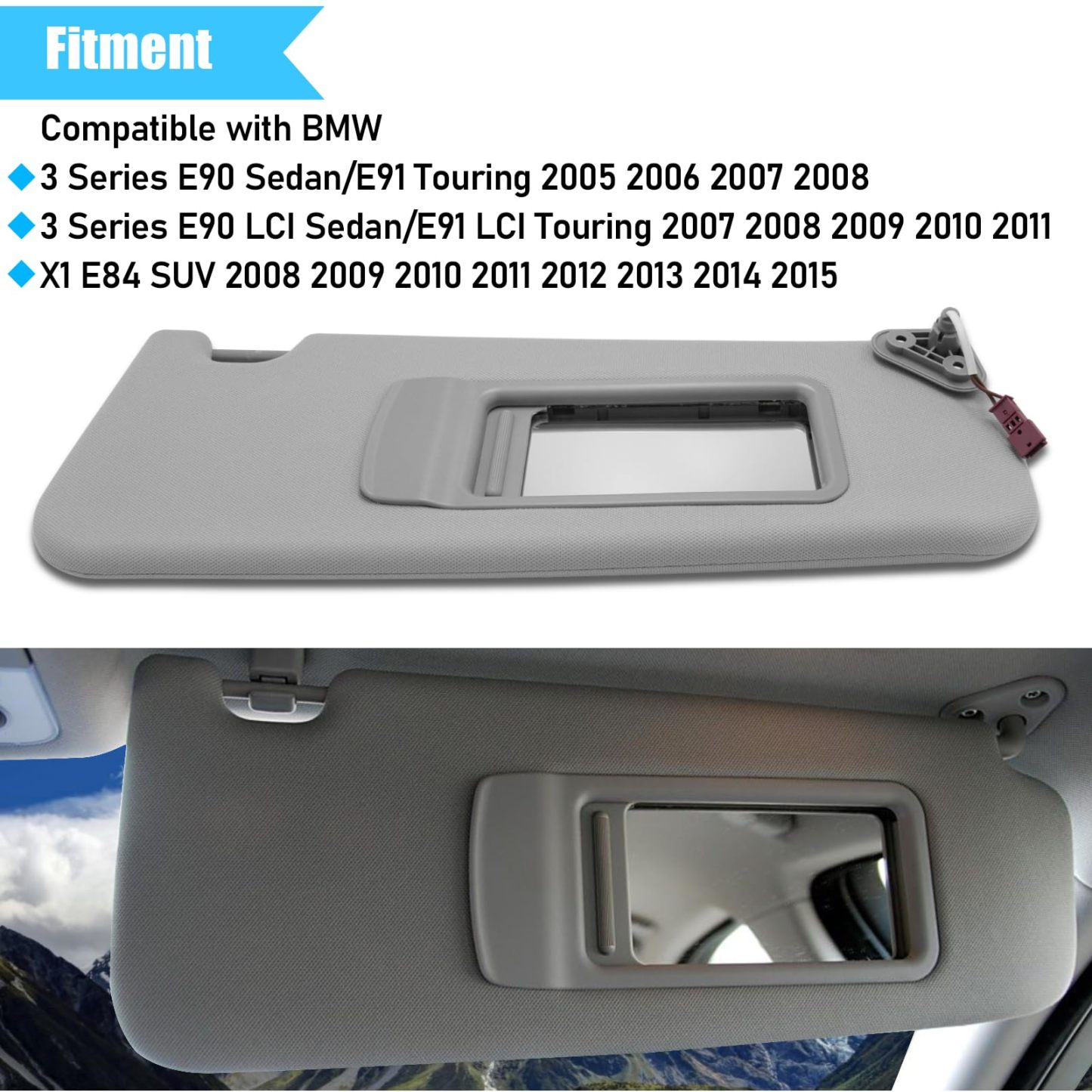BMW 3 Series/X1 Right Passenger Side Sun Visor with Mirror (E90/E91/E84) | Grey | YDSSTORE