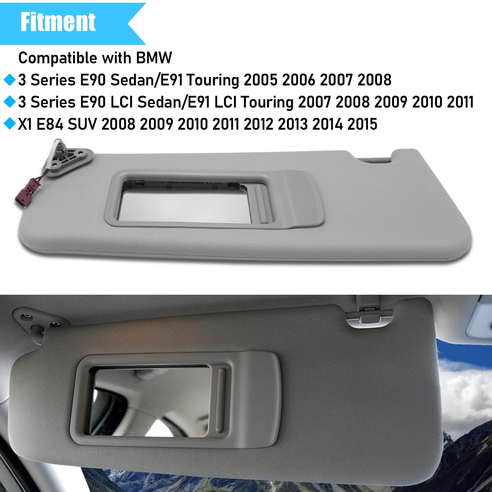 BMW 3 Series/X1 Sun Visor Replacement (E90/E91/E84) | Left Driver Side with Mirror | Grey | YDSSTORE