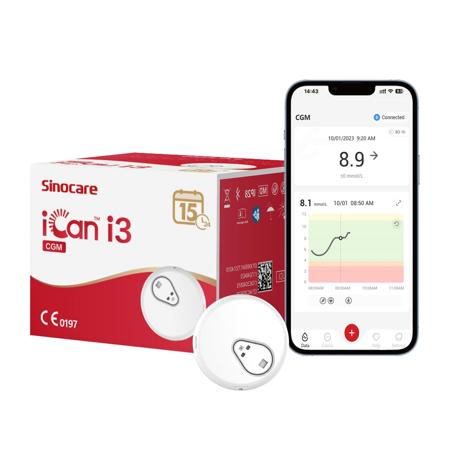 sinocare iCan Sistema di Monitoraggio Continuo della Glicemia per 15 Giorni, con App iCan CGM, Uscita Ogni 3 Minuti, Meno Punture al Dito, per Diabete nel Regno Unito, Kit di Autogestione a Casa, Confezione × 1