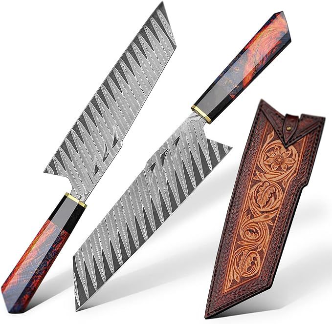 [Conjunto de 3 peças] Faca de chef artesanal em aço Damasco com bainha