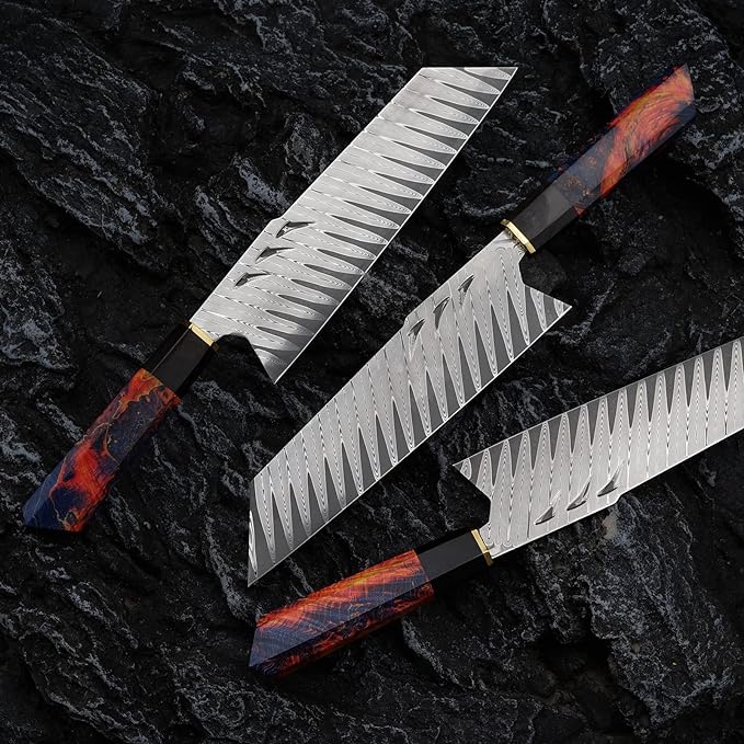 [Conjunto de 3 peças] Faca de chef artesanal em aço Damasco com bainha