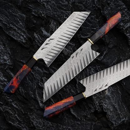 [Conjunto de 3 peças] Faca de chef artesanal em aço Damasco com bainha