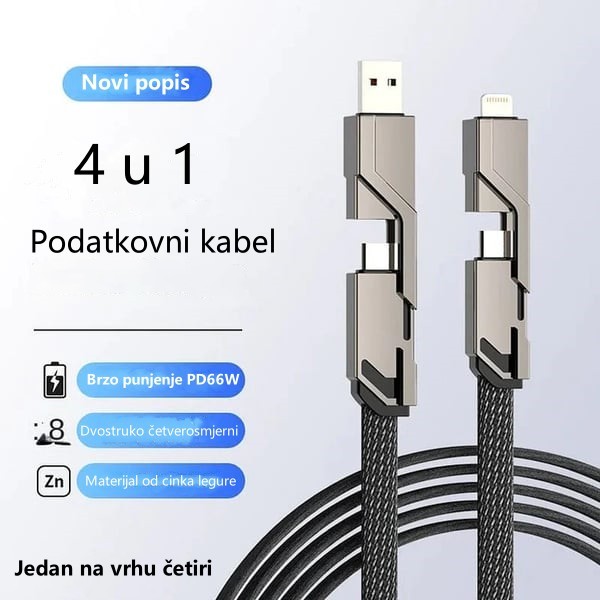4-u-1 ravno pleteni protiv-zapetljajni punjački kabel s Velcro trakom
