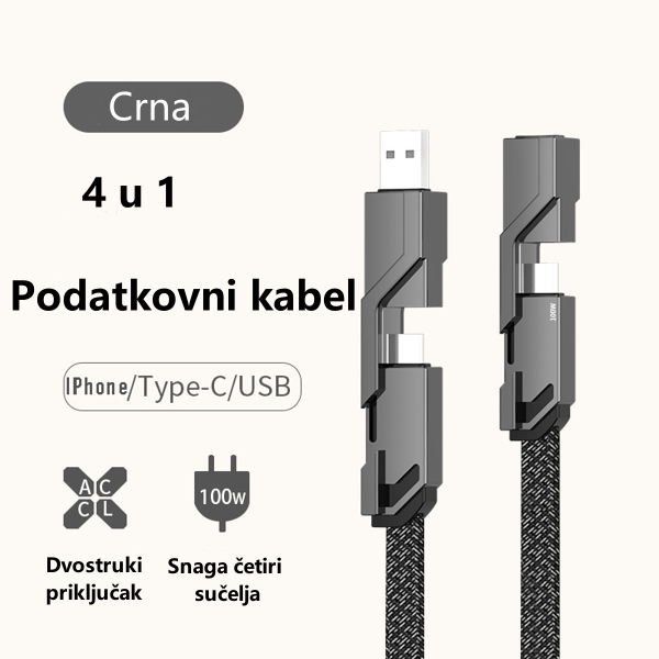 4-u-1 ravno pleteni protiv-zapetljajni punjački kabel s Velcro trakom