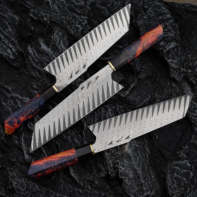 [Conjunto de 3 peças] Faca de chef artesanal em aço Damasco com bainha