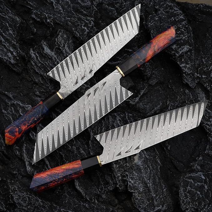 [Conjunto de 3 peças] Faca de chef artesanal em aço Damasco com bainha