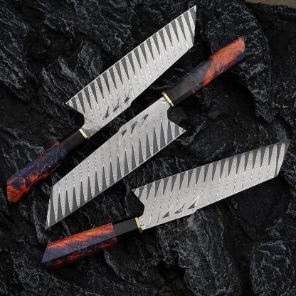 [Conjunto de 3 peças] Faca de chef artesanal em aço Damasco com bainha