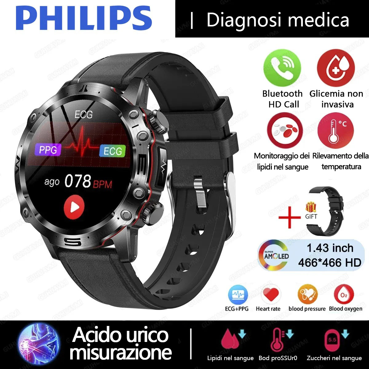Orologio per la terapia laser Philips. Analisi della glicemia e dell'acido urico, ecc.
