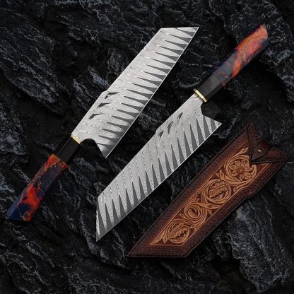 [Conjunto de 3 peças] Faca de chef artesanal em aço Damasco com bainha