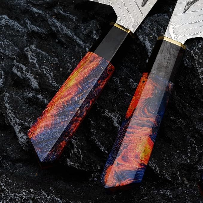 [Conjunto de 3 peças] Faca de chef artesanal em aço Damasco com bainha