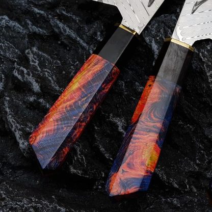 [Conjunto de 3 peças] Faca de chef artesanal em aço Damasco com bainha