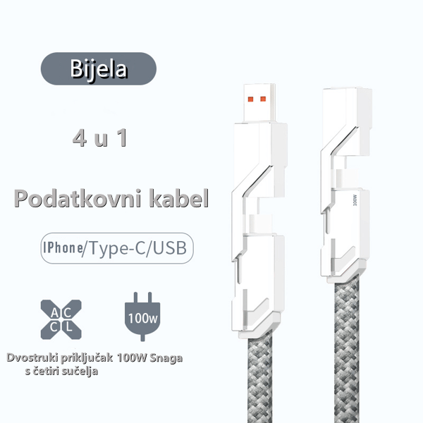 4-u-1 ravno pleteni protiv-zapetljajni punjački kabel s Velcro trakom