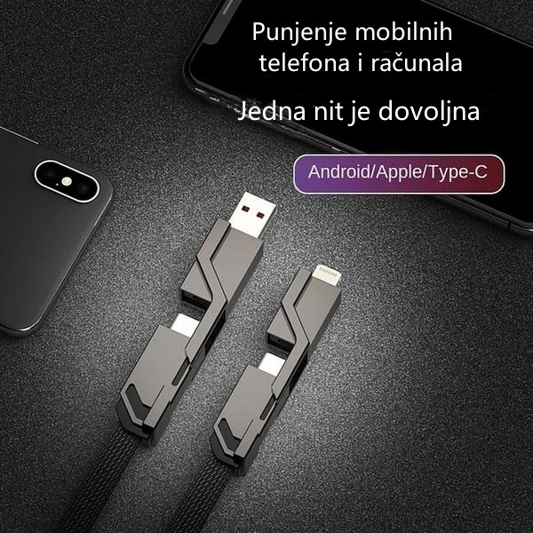 4-u-1 ravno pleteni protiv-zapetljajni punjački kabel s Velcro trakom