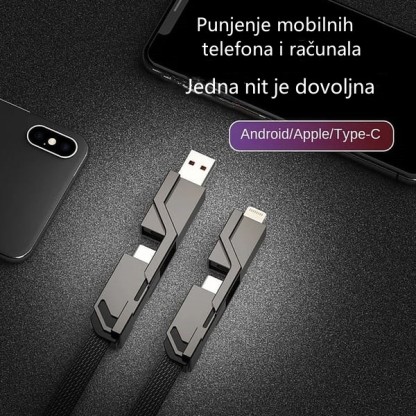 4-u-1 ravno pleteni protiv-zapetljajni punjački kabel s Velcro trakom