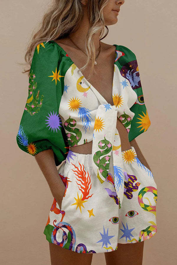 Naturally Me Linen Blend Unique Print Front Tie Blouse and Elastic Wai