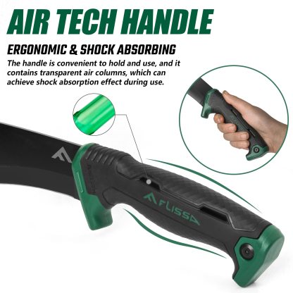 FLISSA Machete, 11-Inch Fixed Blade Camping Knife, Patented Shock-Absorbing Air Technology Handle, Ideal for Gardening, Forestry, and Outdoors, Includes Molded Sheath