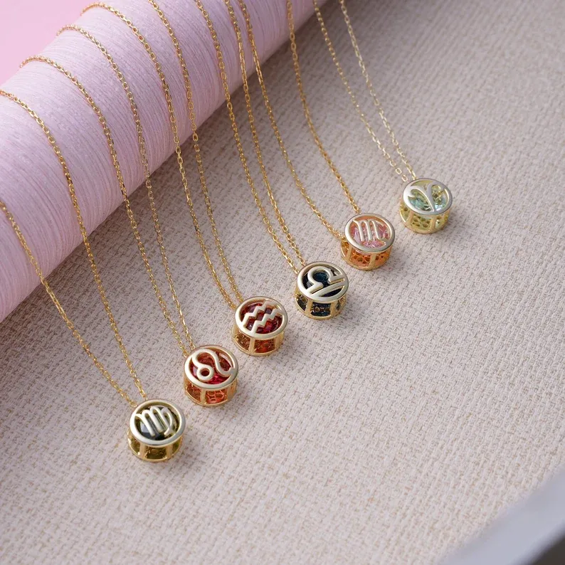 🌟🌈 Colier zodiac exclusiv din aur de 18k cu piatră unică de naștere✨🎁 (unisex)
