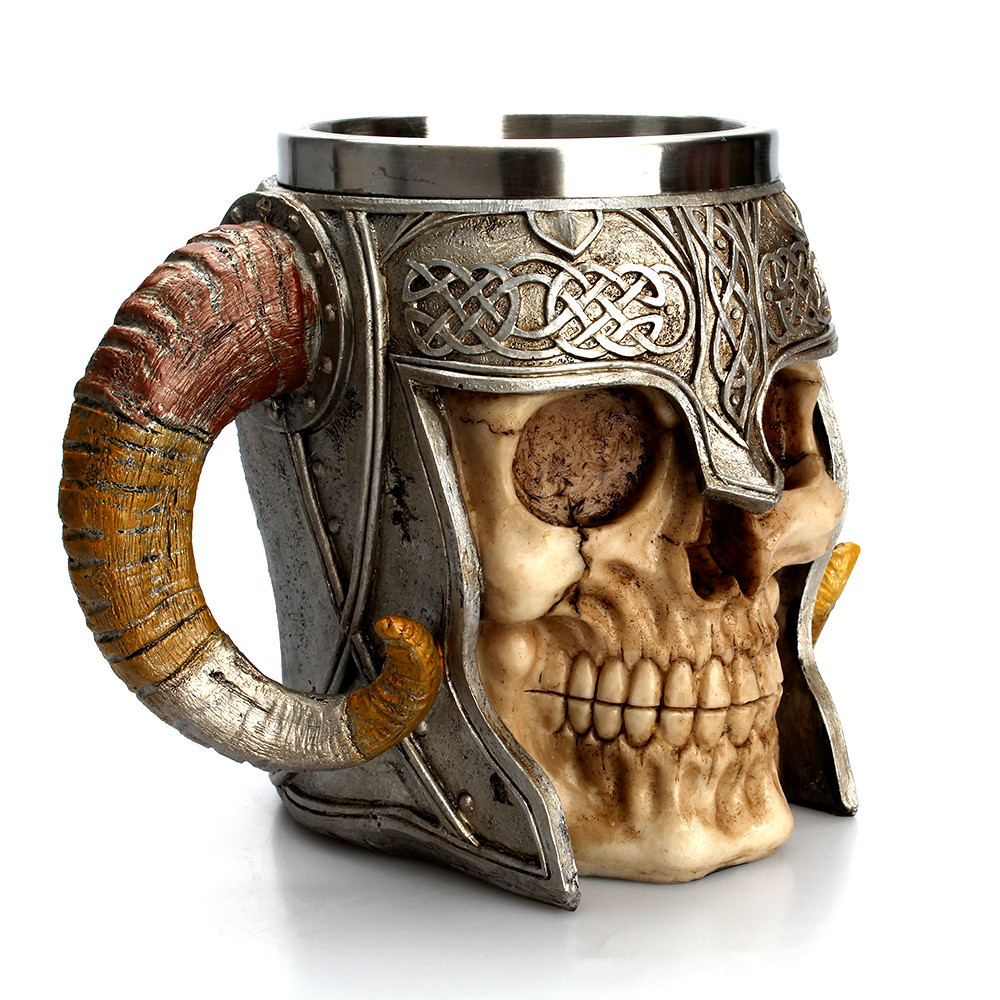 "Viking Skull Mead Mug - 16oz Ceramic Nordic Drinking Horn with Runes (Dishwasher Safe) - Perfect for Whiskey, Ale & Medieval LARP"