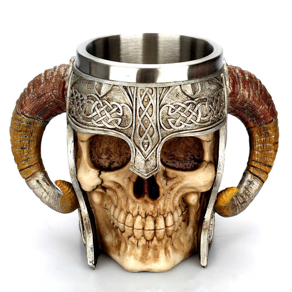 "Viking Skull Mead Mug - 16oz Ceramic Nordic Drinking Horn with Runes (Dishwasher Safe) - Perfect for Whiskey, Ale & Medieval LARP"