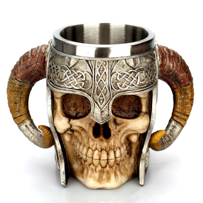 "Viking Skull Mead Mug - 16oz Ceramic Nordic Drinking Horn with Runes (Dishwasher Safe) - Perfect for Whiskey, Ale & Medieval LARP"