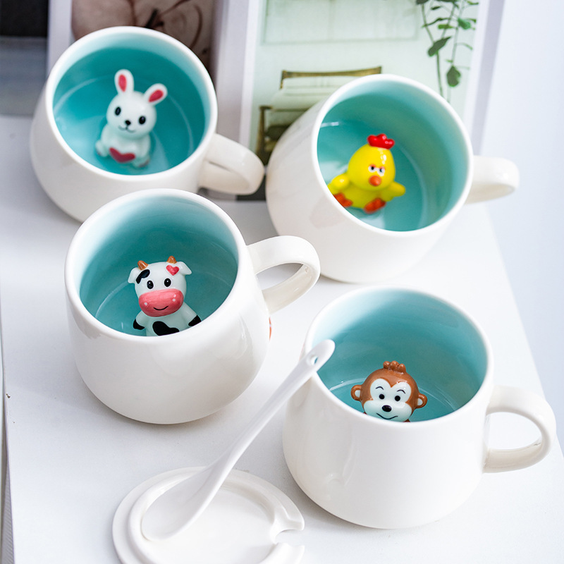 3D Animal Ceramic Mug with Lid & Spoon - Cute Cartoon Coffee Cup (14oz) - Custom Logo Gift for Girls