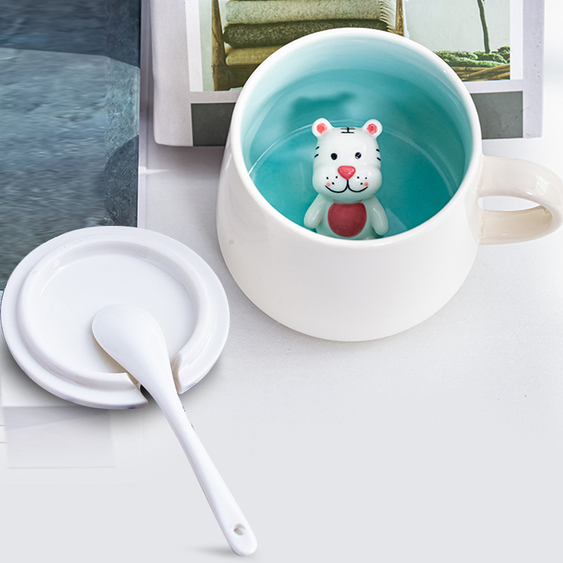 3D Animal Ceramic Mug with Lid & Spoon - Cute Cartoon Coffee Cup (14oz) - Custom Logo Gift for Girls